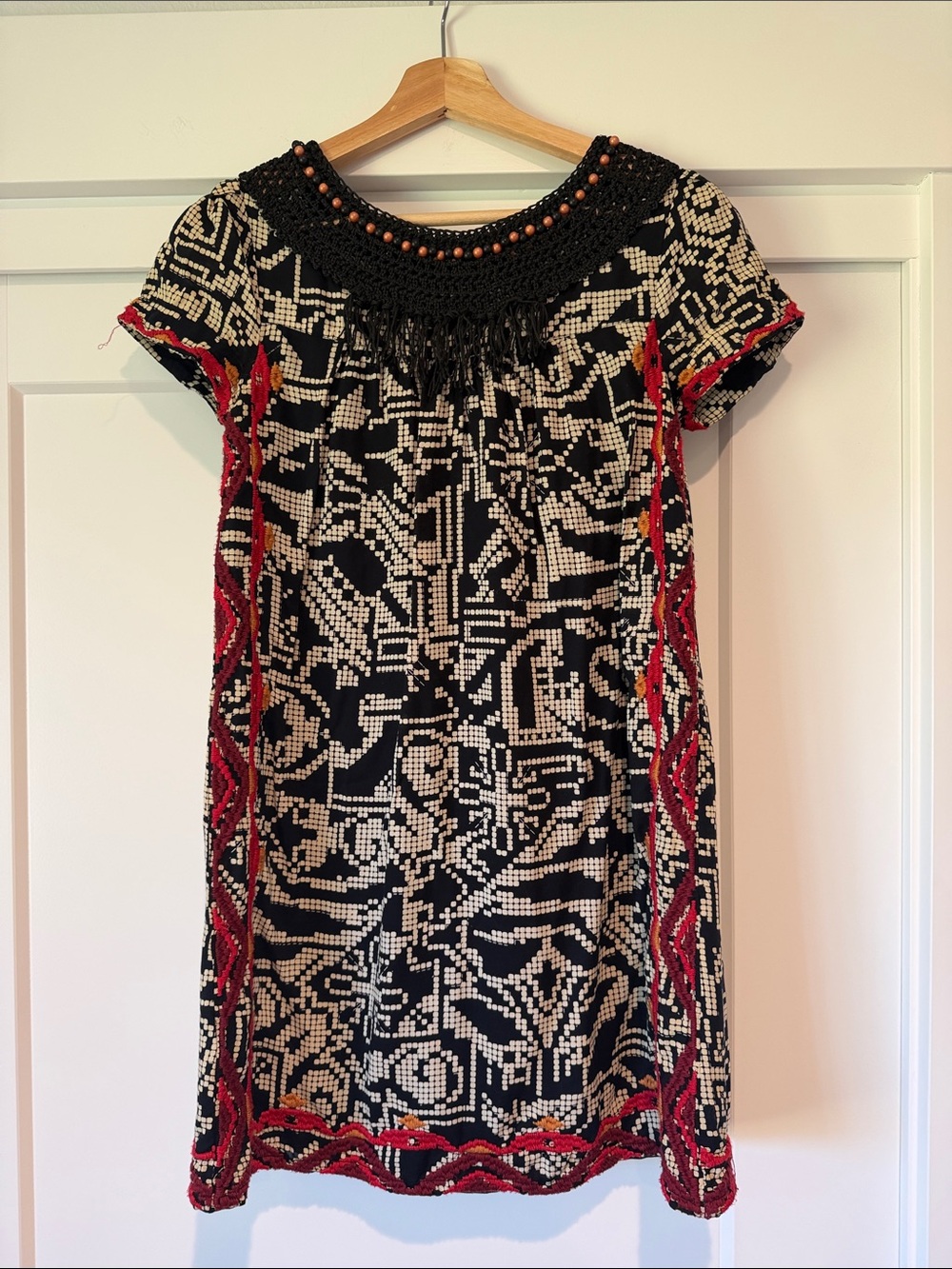 Floreat Anthropologie Black, Cream & Red Embroidered Mini Dress